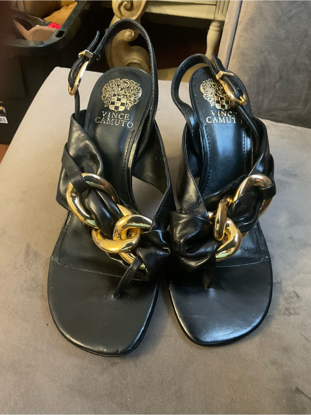 Vince Camuto Black Leather Slingback Heels with Gold Chain Accent